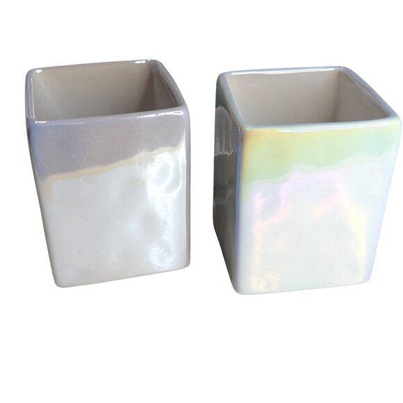 Rae Dunn Wake Up Make Up Brush Holder Set Square Ceramic Iridescent - Picture 2 of 6